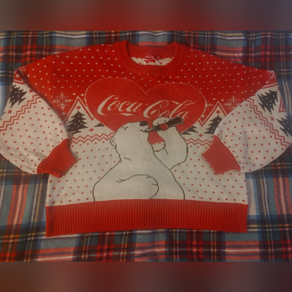 Coca Cola Red and White Women's Sweater Featuring The Iconic Polar Bear Design L